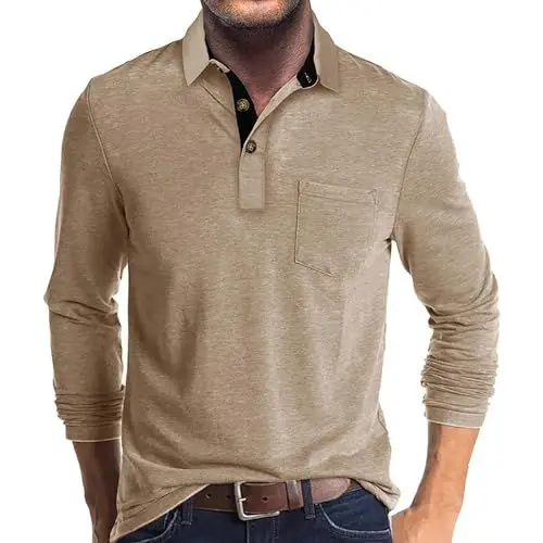 Produktbild: Herren Hemd Langarm Poloshirt Herren Langarm T Shirts mit Tasche Polo Klassisches XXL 01-Beige