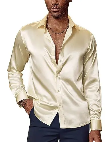 Produktbild: Hemd Herren Langarm Satin Hemd Button Down Hemd 70Er Jahre Seidenhemd Party Hochzeit Aprikose L