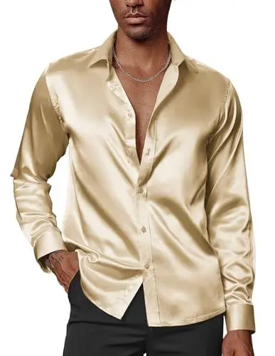 Produktbild: PaulJones Herrenhemden Langarm Bügelfrei Disco Outfit Satin Hemd 70er Jahre Hemd Button Down Gold L