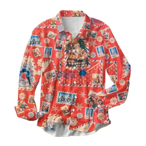 Produktbild: Hemd Weihnachten Herren Hawaii Festival Revers Langarmhemd Elch-Print Freizeithemd Knopf Weihnachtsshirt Shirt Langarm Button Up Schmaler Lustig Xmas Christmas Shirt Weihnachtshemd