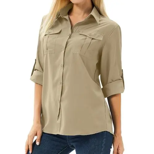 Produktbild: Asfixiado Damen Hemd UPF 50+ UV Schutz Langarmshirt Damen Outdoor Wanderbluse Safari Kleidung Damen Atmungsaktiv Outdoor Cool Quick Dry Sport Oberteile（5070 Khaki L）