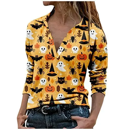 Produktbild: Hemdbluse Frauen Party Tøp Lauschig Tunika Langärmelige Tøp for Female Polyester Schönes Frühlingse V-Neck mit Katzenmotiv Coole