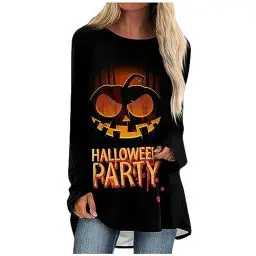 Produktbild: Hemdbluse Mädchen Mehrfarbig Pullover Langärmliges Gemütlich Luftige Halloween Rundhal Pullover Damen Fließende Loungewear Legerer Dünne Schwarz