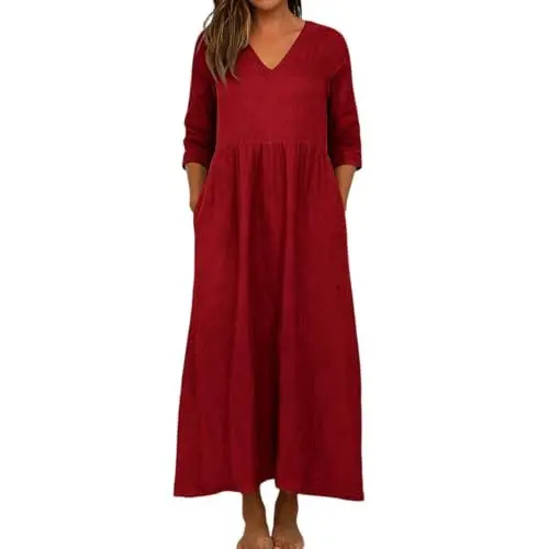 Produktbild: Hemdblusenkleid Damen Sommer Lang Leinenkleid Damen Frühling und Herbst Kleid 3/4 Ärmel V Ausschnitt Langes Kleid Loose Solid Farbe Baumwolle Leinen Freizeitkleid mit Taschen Rot XXL