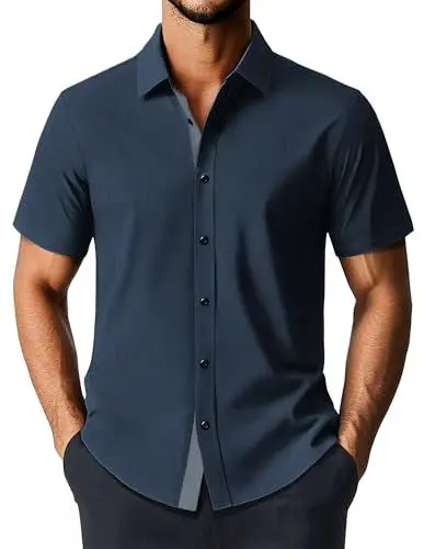 Produktbild: Hemden Herren Freizeit Shirt Männer Casual Sommer Hemd Hochzeit Kurzarm Herren-Hemd Pflegeleicht Businesshemd Regular Fit Festlich Hemd (Marineblau, M)