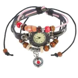 Produktbild: Hemobllo Damen Armbanduhr, Retro geflochten Leder Armband Armreif, Retro Vintage Analog Quarz Uhr für Frau Mädchen