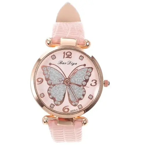 Produktbild: Hemobllo Damenuhr - PU-Lederarmband Damen Armbanduhr Analoge Quarzuhr Elegante Damenarmbanduhr Modisches Schmetterlings Zifferblatt Armbanduhren für Damen - Rosa