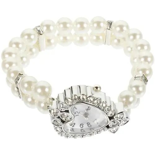Produktbild: Hemobllo Perlen-Damenuhr, elastische Zweireihige Perlenarmbanduhr, herzförmiges Zifferblatt, Strass, Digitale Quarz-Verschlussuhr, modische Dekoration, Freizeituhren für Mädchen/Frauen