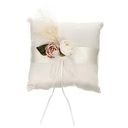 Produktbild: Hemobllo Satin - Hochzeitsringkissen mit Blumen - und Federvorsprüngen, elegantes 18×18×5cm Ringkissen für Zeremoniepräsentation, sicher für Ringe & Juwelen