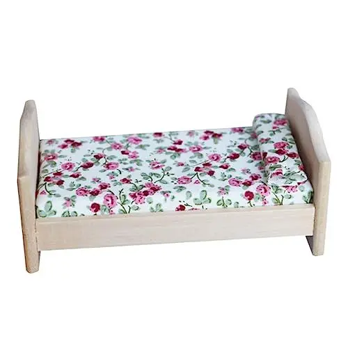Produktbild: HEMOTON Mini Puppenbett Holz Einzelbett im Puppenhaus Puppenmöbel Bett Puppenbett Ornament Kinder Holzspielzeug für Kinder DIY Minibett Miniatur Spielzeugbett