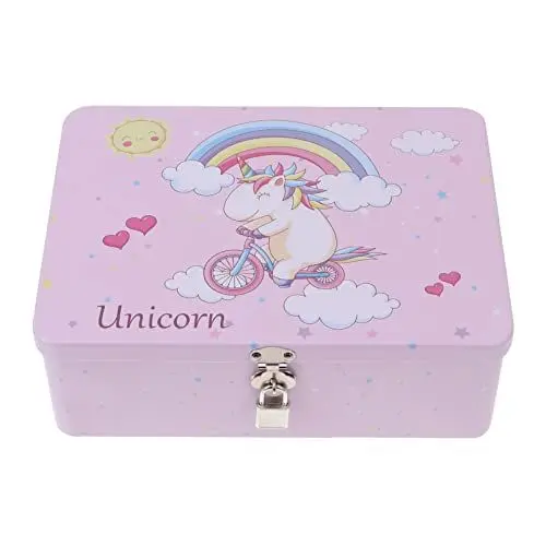 Produktbild: HEMOTON Box Weißblech Keksdose Blech Box mit Schloss Geschenkbox Vorratsdose Einhorn Muster Blechdosen Bonbon Süßigkeit Candy Box für Ostern Metalldosen Kindergeschenk
