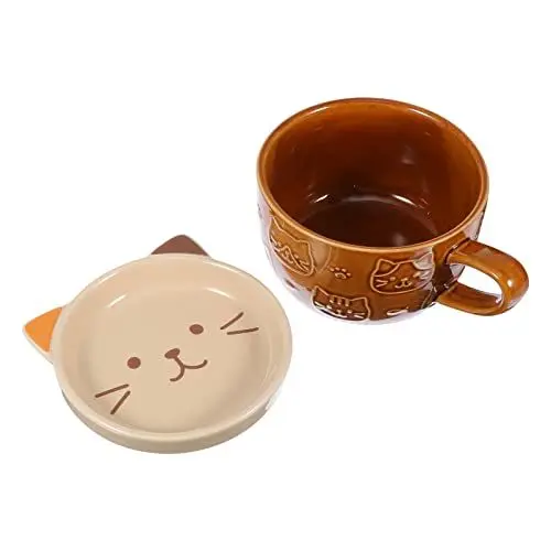 Produktbild: HEMOTON Dekorativer Wasser- Becher. Porzellan Hafermehl Becher Kaffeetasse: Frühstücksbecher Keramik Becher für Milch Tee Früchte EIS Cat Cat Design Kaffee 301-400Ml Keramikwasserbecher.