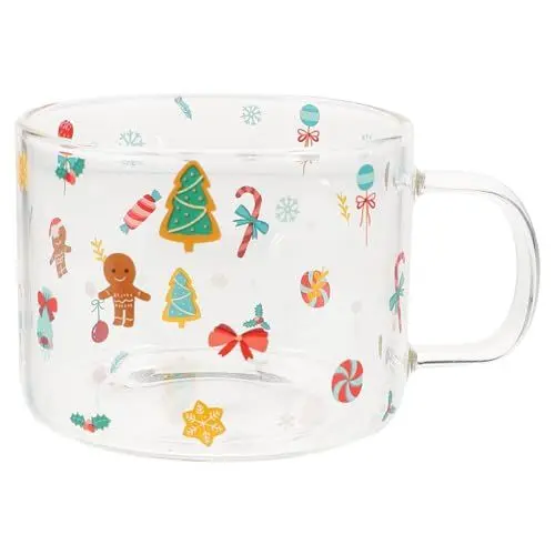 Produktbild: HEMOTON Frühstückstasse aus Glas mit Henkel, weihnachtliche Heimdekoration, Glastasse für Kaffee und Tee, Weihnachtstasse, Blumen-Teetasse, Weihnachtssafttasse für Kaffee, Milch, Geschenkdekor, 350ml