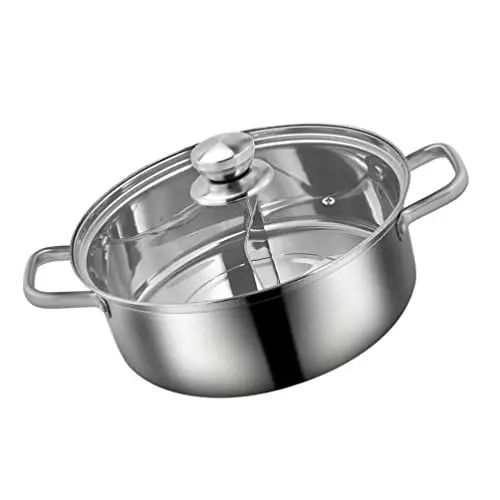 Produktbild: HEMOTON Hot Pot Mit Trennwand - Edelstahl Shabu Shabu Topf Mit Glasdeckel, Kochgeschirr Set, Suppenboden für Induktion Herd Gasherd 28cm