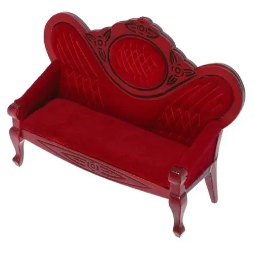 Produktbild: HEMOTON Puppenhausmöbel Mini-hausbedarf Miniatur-schaukelstühle Mini-hausdekoration Puppenhaus-loveseat 1: 12 Miniaturmöbel Miniatur-viktorianische Bank Rollenspiel Spielzeug Rot Holz