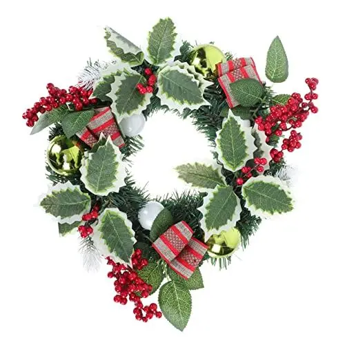 Produktbild: HEMOTON Weihnachtskranz Türkranz Wandkranz mit LED Rote Beeren Tannenzapfen stechpalmen Kranz Weihnachtsgirlande Christmas Garland Schleife Deko Kranz für Haustür Kamin Fenster Neujahr
