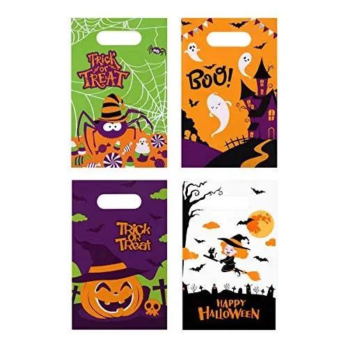 Produktbild: Hemoton 100 Stück Halloween Candy Taschen Plastik Tüten Süßes Oder Saures Taschen Geschenktüten Goodie Bags Partytüten Halloween Party Bevorzugt Taschen, Kürbis, Geist, Hexe, Spinne (Je 25 Stück)