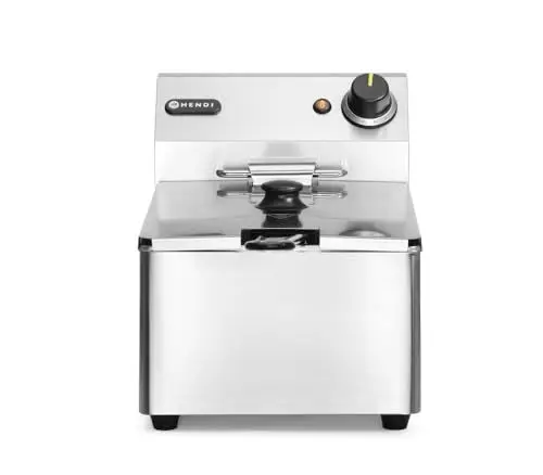 Produktbild: HENDI 205815 Fritteuse, Friteuse, Fritöse, einstellbar bis 190°C, Kaltzone, mit Frittierkorb und Deckel, Entnehmbar Becken, Sicherheitsthermometer, 6L, 230V, 3300W, 265x430x(H)290mm, Edelstahl, Blau