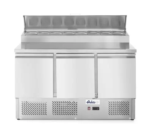 Produktbild: HENDI Kühltisch, Dreitürig, mit Aufsatskühlvitrine, max -2 bis 8°C, Aufsatz für 8x GN 1/6, 3 Regalböden, je bis 15kg belastbar, 380L, 230V/310W, 1365x700x(H)1055mm, Edelstahl