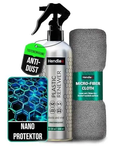 Produktbild: Hendlex Kunststoffpflege Auto - Tiefenpflege & Farbauffrischer für Kunststoff innen & außen - Nano-Technologie, Antistatische Formel & langanhaltender Schutz - 200ml mit Mikrofasertuch