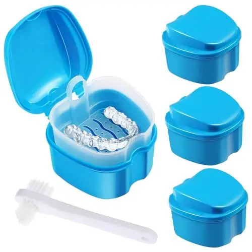 Produktbild: HENGBIRD 4PCS Gebissdose, Prothesendose, Zahnschiene Box, Zahnprothesen Box, Zahnspangenbox, Zahnspangendose, Zahnprothesen BüRste, Zahnprothesendose BehäLter für Falsche ZäHne Lagerung Reinigung