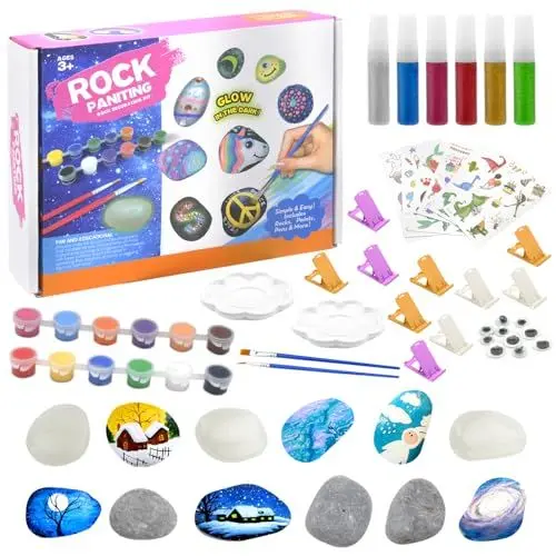 Produktbild: HENGBIRD Nachtleuchtendes Steine Bemalen Set - Kreativ Steinmalerei Bastelset für Kinder und Erwachsene - Malset Geschenke Perfekte Handgemachte Geschenke