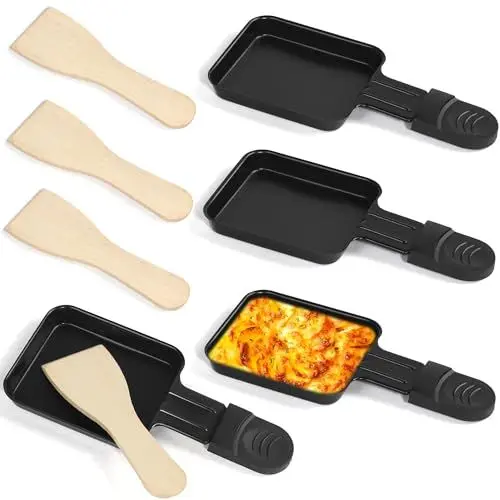 Produktbild: HengBO Raclette Pfännchen Set 4 Stück Mini Antihaftbeschichtet Raclette Pfännchen Ersatz mit 4 Holz Raclette Schaber für Bereitstellung von Raclette Käse Eiern Service (Schwarz Quadrat）