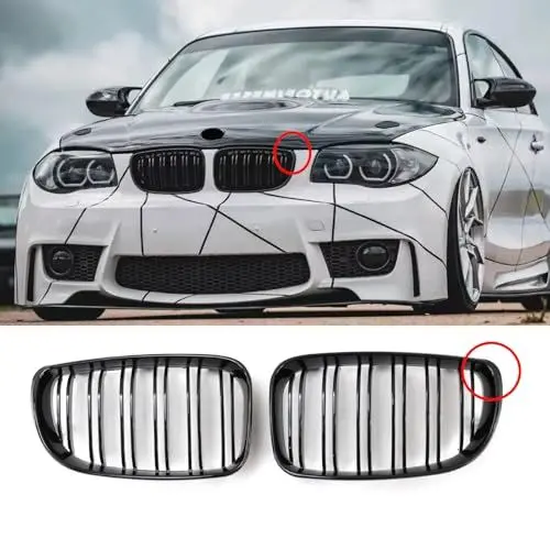 Produktbild: Hengjiayao E81 E82 Nieren Schwarz Kühlergrill Streifen E87 Kühlergrill für BMW 1er E88 Nieren Grill Glanz Schwarz Doppelsteg Sport 2008-2011 E81 E82 E87 E88 LCI-Facelift(For 1er E81 2008-2011 LCI)
