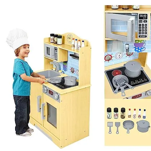 Produktbild: HENGMEI Kinderküche Kinder Küchenspielzeug Set Holzküche Baby Spielküchesets mit Holz Zubehör Mikrowelle Spüle Spielzeugküche Kochset für Kinder, 56x28.5x92cm, Typ B