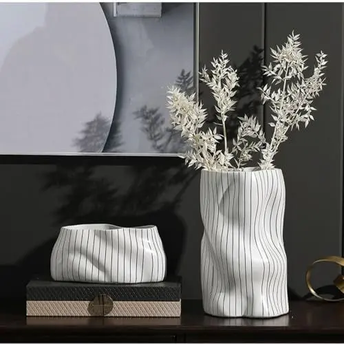 Produktbild: Hengqiyuan 2 STÜCKE Keramikvase, Einfache Moderne Vase Wohnzimmer Esszimmer Esstisch Gestreifte Blume Ornamente Getrocknete Blumenarrangement Keramik Probe Raum Dekoration