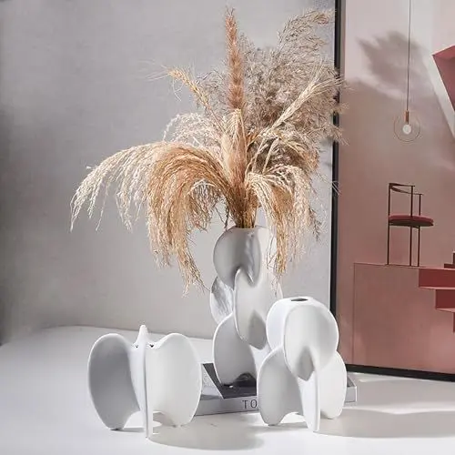 Produktbild: Hengqiyuan Geformte Keramikvase, Unregelmäßige Vase -Set Von 3 Modernen Boho -Vasen Für Blumenvasen Pampas Gras, Mittelstücke Hochzeit Wohnzimmer Schlafzimmer Couchtisch Esstisch Tisch,Weiß