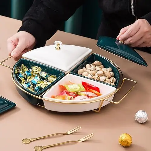 Produktbild: Hengqiyuan Geteilte Servierschalen Vorspeisentablett Relish Tray 4 Abnehmbare Schalen Für Gewürze, Chips, Dip, Nüsse, Obst, Gemüse, Süßigkeiten, Snacks