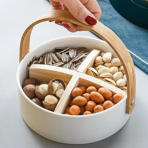 Produktbild: Hengqiyuan Keramik Geteilte Servierschalen Tragbarer Obstkorb Snack Obstteller Rund Multifun Für Party Hochzeit Dekor Obstteller Salatschüssel Split Snack Teller Trockenobst Teller,Weiß,15cm/5.9in