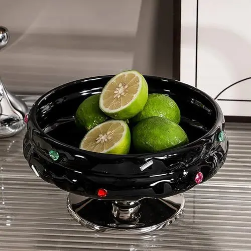 Produktbild: Hengqiyuan Keramik Obst Bowl Dessert Bowl Snack Trockenobst Teller, Obst Aufbewahrungsschale Für Küche Dekor - Ideale Dekorative Obstschale Für Küchentheke Déco,Schwarz
