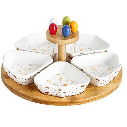 Produktbild: Hengqiyuan Keramik Schüssel Salatschüssel Dessert Schüssel Snack Schüssel Mit Boden, 5 Abnehmbare Dip-Schalen Relish Tablett Nüsse Schalen Für Vorspeise, Chips, Obst, Süßigkeiten, Gewürz,Weiß