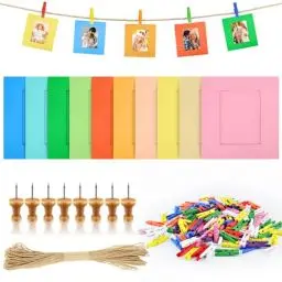 Produktbild: Hengxinchen 20 Stück Papier Fotorahmen mit 150 Stück Holzklammern Klein 9 x 9 cm Papier Bilderrahmen Für Polaroid Fotos mit 10M Jute String DIY (Farbe)