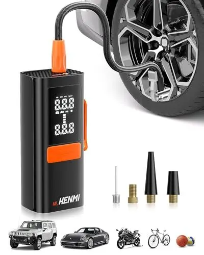 Produktbild: HENMI Elektrische Luftpumpe, Tragbare Akku Luftpumpe Auto mit alle ventile 170PSI (11,7 Bar), 18000 mAh Fahrradpumpe Elektrisch mit Digitalanzeige Manometer für Fahrrad, EBike, Wohnmobil, Bälle
