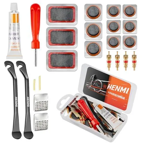 Produktbild: HENMI Fahrrad Flickzeug Set, Tragbar Flickset Fahrradreifen mit Reifenreparaturkleber, Patch, Metall Reifenheber, Ventilschlüssel, Ventileinsatz Kompatibel mit Allen Fahrradschläuchen 2024