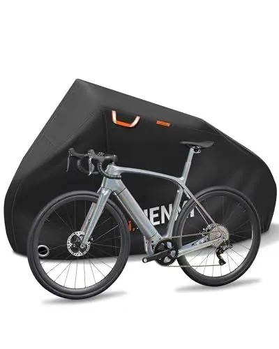 Produktbild: HENMI Fahrradabdeckung Wasserdicht 420D, Fahrradgarage Wetterfest mit Aufbewahrungstasche, UV-Schutz, Reißfest, Schlossösen Fahrradplane für E-bike, Holzpferd, Roller Motorroller (210x110x70 cm)