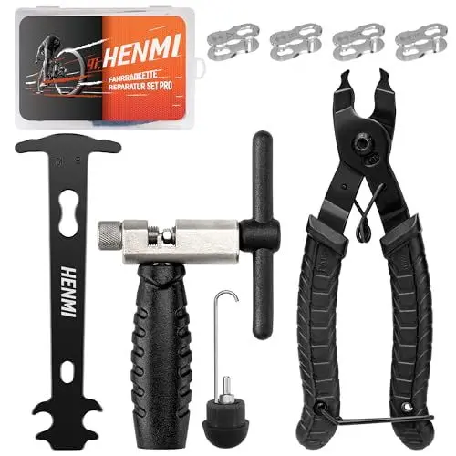 Produktbild: HENMI Kettennieter Fahrrad, Kettenzange, Kettenlehre und 4 Paar Kettenschloss Fahrradkette Reparatur Set Pro für 6-12 Fach Fahrradkette Werkzeug