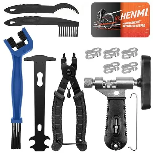 Produktbild: HENMI Kettennieter Fahrrad mit Fahrrad Reinigungsbürste, Kettenzange, Kettenschloss Zange und 5 Paar Fahrradketten Nieten Fahrradkette Reparatur Set für 6-12 Fach Fahrradkette