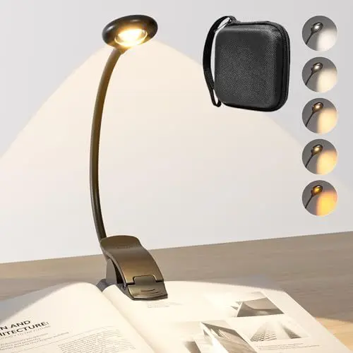 Produktbild: Hensam LED Leselampe mit Klemme, USB-C Wiederaufladbare Buchlampe, 360° Flexibel Schwanenhals Klemmleuchte mit Reisetasche, 5 Farben Modi und Dimmbar, Schwarz