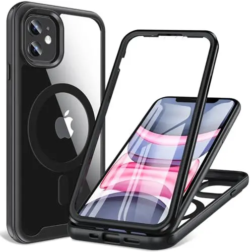 Produktbild: Hensinple Magnetisch Hülle für iPhone 11 Hülle 6,1 Zoll, Mit Eingebautem Displayschutz Kompatibel mit MagSafe, 360° Rundumschutz Stoßfest Schutzhülle Handyhülle für iPhone 11(Schwarz)