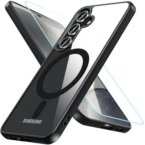 Produktbild: Hensinple für Samsung Galaxy S24 Hülle für Magsafe mit Panzer Schutz Glas,Magnetisch Handyhülle Samsung S24 Stoßfest Schutz Dünn Transparent Outdoor Schutzhülle Case für S24,Schwarz