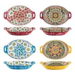 Produktbild: Henten Home Schüsselsets, Obstschalen mit Griff 4 Stück - 950ml, Geschirr Schalen für Nudeln/Salat/Suppe, Porzellan-Pasta-Servierschüssel-Set - Böhmischer Stil