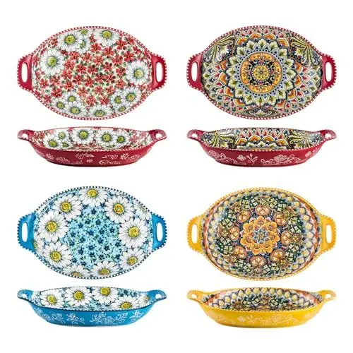 Produktbild: Henten Home Schüsselsets, Obstschalen mit Griff 4 Stück - 950ml, Geschirr Schalen für Nudeln/Salat/Suppe, Porzellan-Pasta-Servierschüssel-Set - Böhmischer Stil