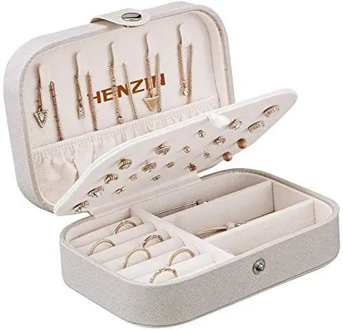 Produktbild: Henzin Reise Schmuckkästchen Damen Klein PU-Leder Schmuckaufbewahrung Schmuckkoffer Klein Schmuckbox für Ringe,Ohrringe,Halskette,Geschenk -Weiß