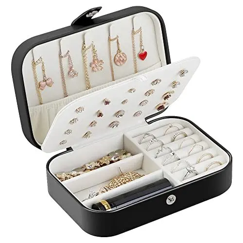 Produktbild: Henzin Schmuckkästchen Reise Schmuckkästchen Damen Klein PU-Leder Schmuckaufbewahrung Schmuckkoffer Klein Schmuckbox Reise Schmuckkästchen für Ringe,Ohrringe,Halskette,Geschenk,Schwarz