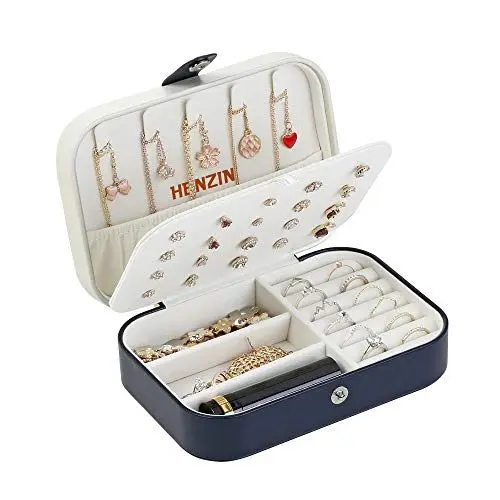 Produktbild: Henzin Schmuckkästchen Reise Schmuckkästchen Damen Klein PU-Leder Schmuckaufbewahrung Schmuckkoffer Klein Schmuckbox Reise Schmuckkästchen für Ringe,Ohrringe,Halskette,Geschenk -Dunkelblau
