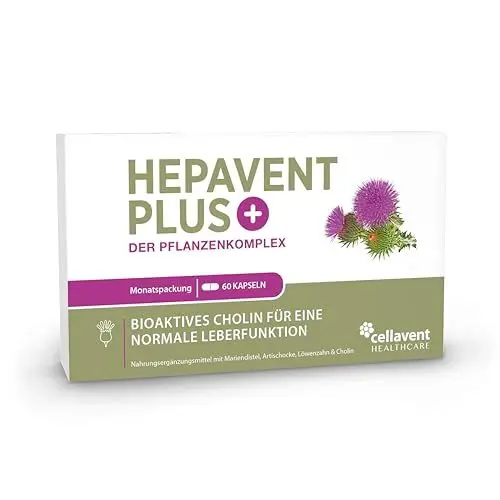 Produktbild: Hepavent PLUS – Cholin Kapseln – Mariendistel Artischocke Löwenzahn – hoch bioverfügbar – mit Cholin zur Erhaltung der Leberfunktion